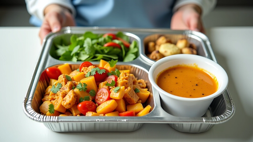 Boîte de cantine avec salade, plat principal et dessert sur un plateau en aluminium