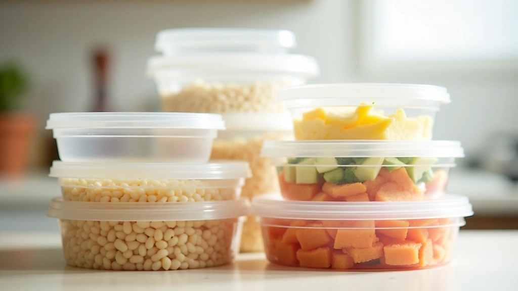 Différents types de conteneurs hermétiques empilés, clairs et opaques, de différentes tailles