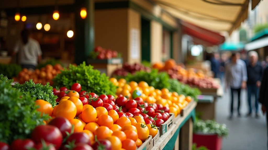 Étal de marché français avec fruits et légumes frais de saison, ambiance marchés locaux
