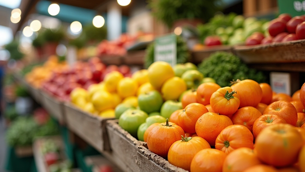 Marché français avec légumes de saison exposés en pyramides colorées, lumière naturelle du matin