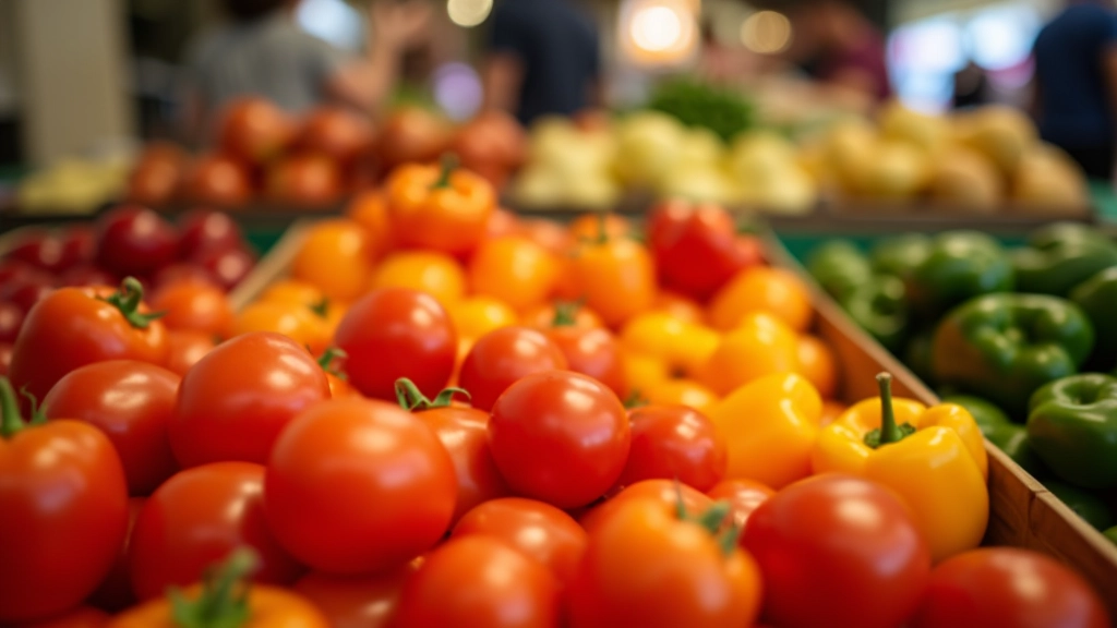 Tomates et poivrons frais sur un étalage de marché français, sélection en gros plan