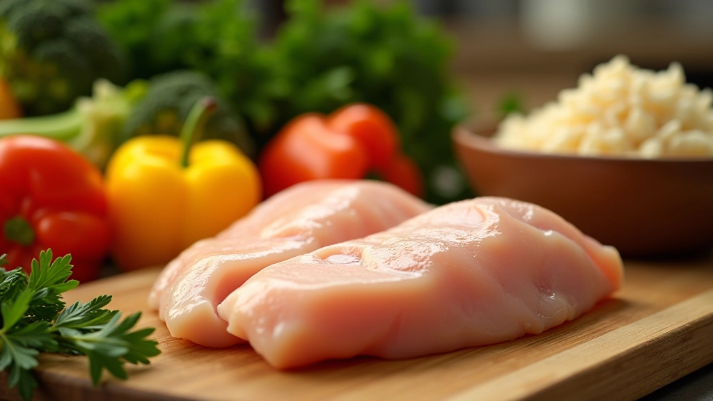 Ingrédients frais pour un repas maison simple : poulet, légumes variés et riz sur une planche de cuisine