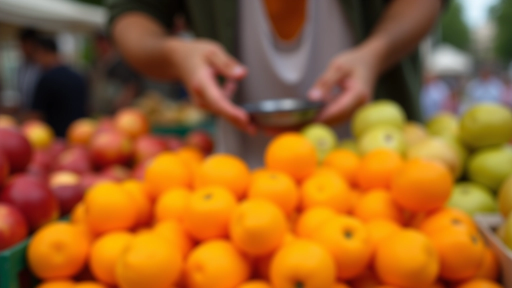 Fruits de saison sur un marché parisien avec panneaux de prix en euros