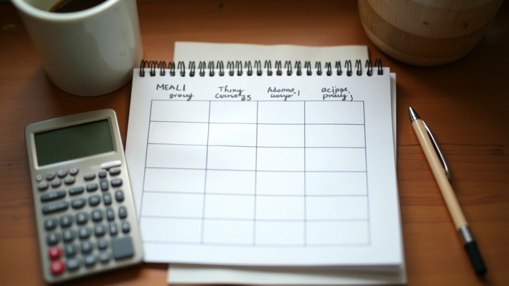 Cahier avec menu écrit à la main pour une semaine, stylo et calculatrice à côté