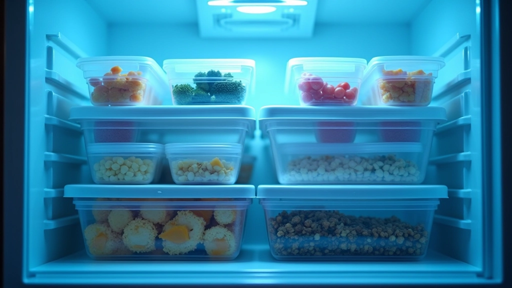 Conteneurs hermétiques remplis de portions individuelles surgelées dans un congélateur