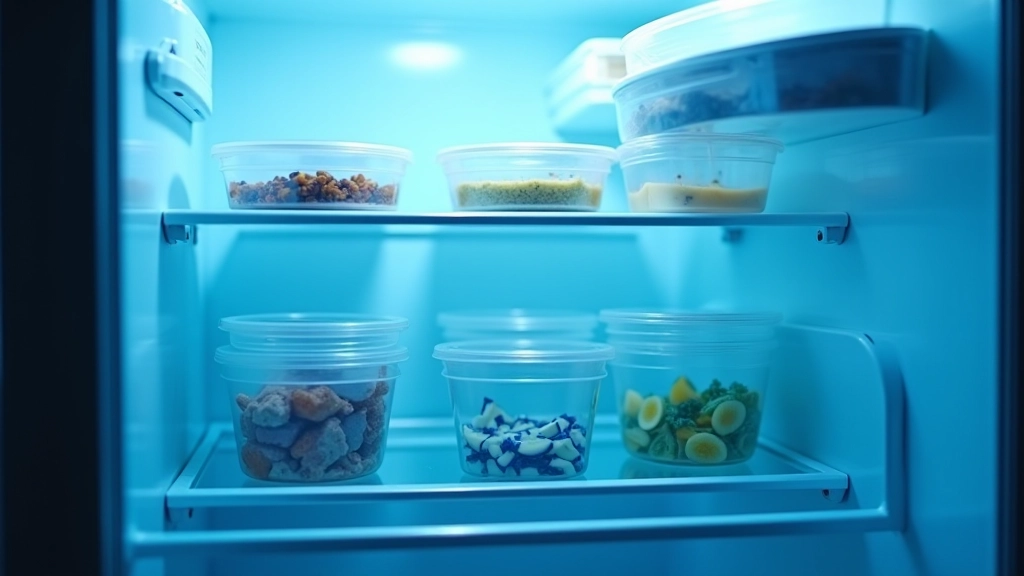 Congélateur ouvert avec boîtes de portions individuelles étiquetées et organisées