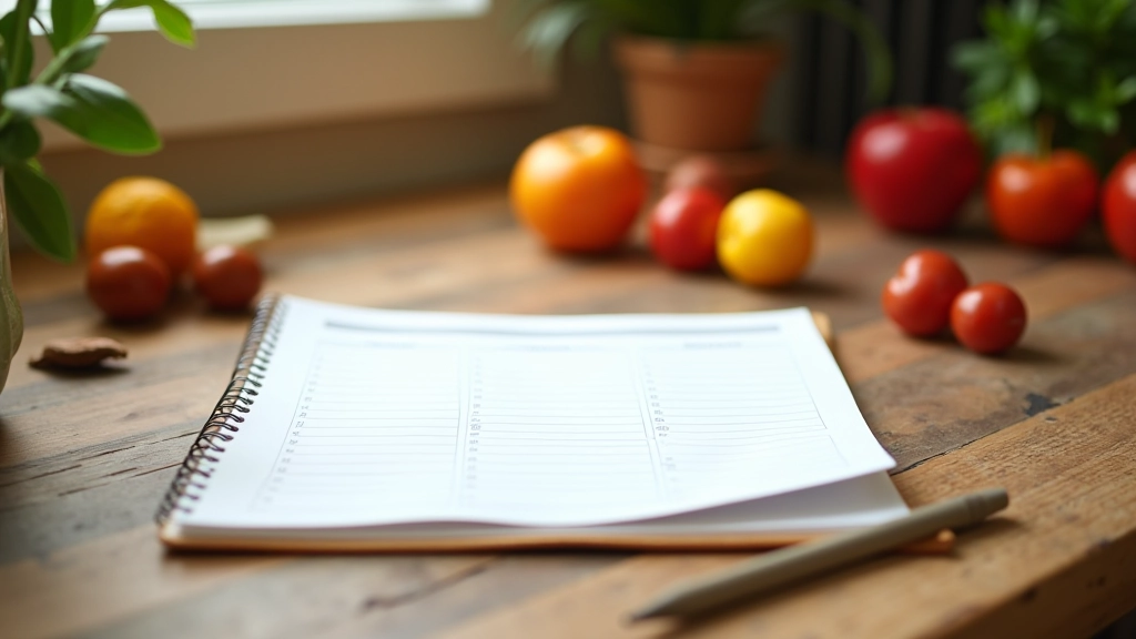 Carnet de menu hebdomadaire ouvert avec des ingrédients simples arrangés à côté