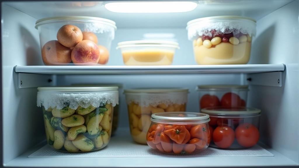 Plusieurs conteneurs hermétiques étiquetés rangés verticalement dans un congélateur bien organisé, température basse visible