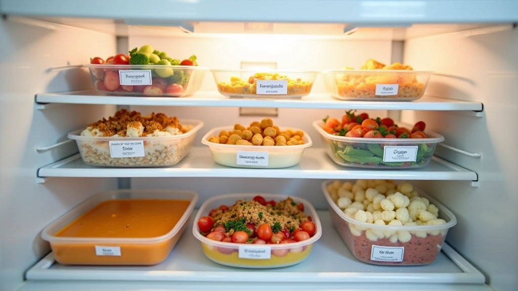 Conteneurs hermétiques remplis de portions individuelles surgelées dans un congélateur