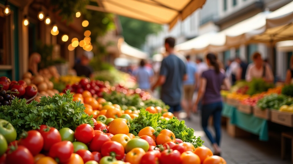 Marché extérieur avec étals de fruits et légumes colorés et vendeurs accueillants
