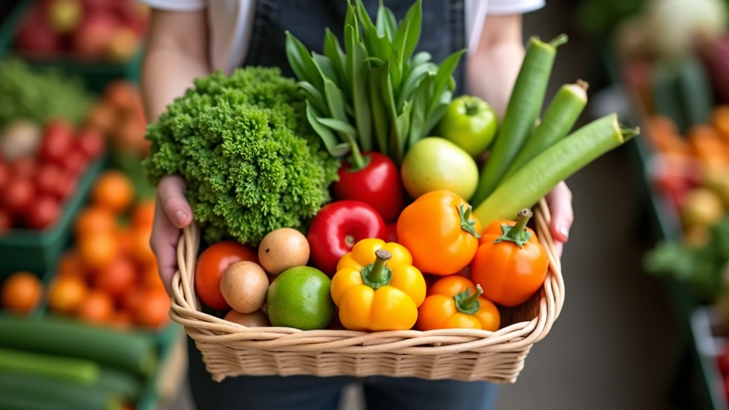 Personne tenant un panier d'emplettes avec légumes frais au marché, vue d'en haut
