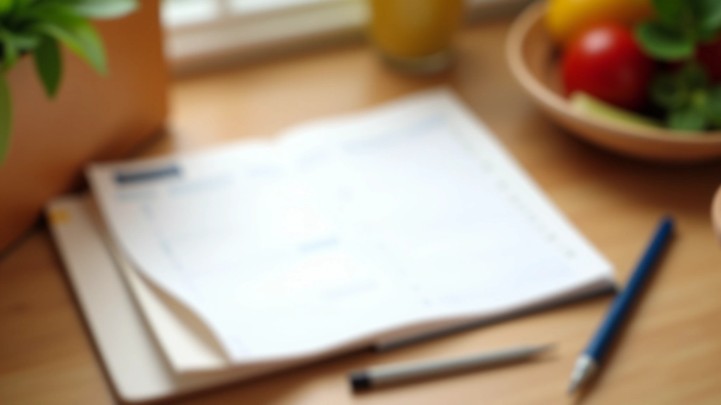 Carnet de menu hebdomadaire ouvert avec des ingrédients simples arrangés à côté