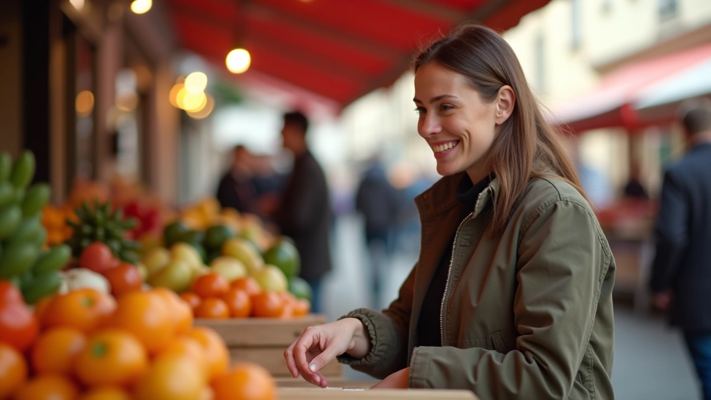 Femme achetant des fruits au marché, interagissant avec un vendeur